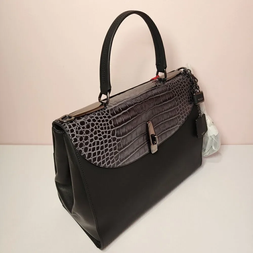 NWT Tumi Mezzanine RIVERA Crocodile Embossed Leather Satchel GREY